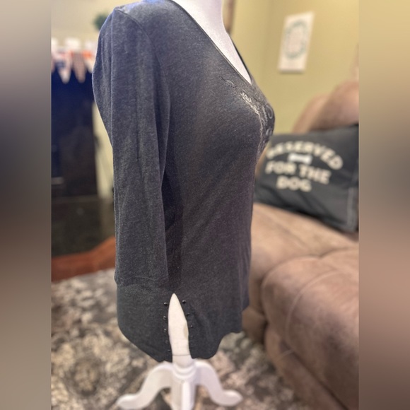 HARLEY-DAVIDSON charcoal gray ladies 3/4 sleeve t shirt cross design with bling - Picture 5 of 7